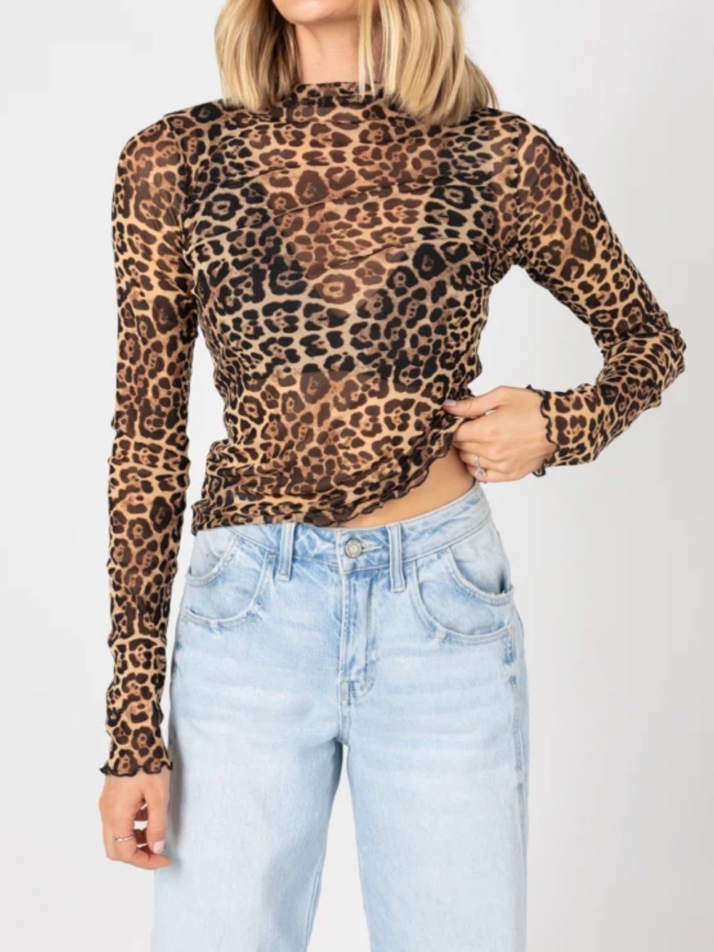 vestique Leopard Print Long Sleeve Mesh Top - Brown & Black